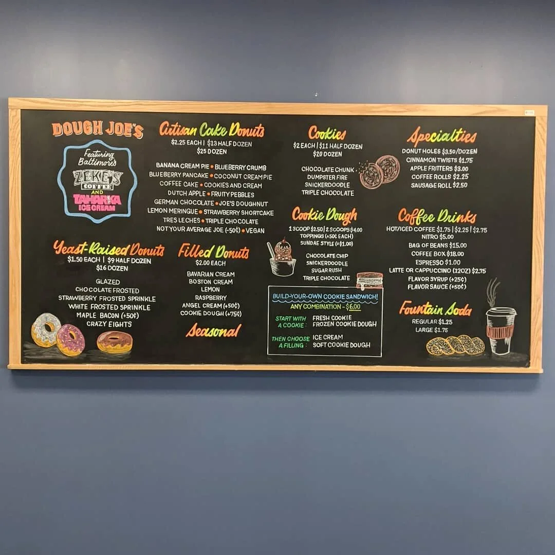 My first chalkboard for a Maryland client! A sweet new menu board for  @linthicumdonuts ! 🍩 I'm so happy I invested in a projector last year, so this project was a lot easier to accomplish.😅 Shout-out to @kassa for their bomb chalk markers🙌🏻