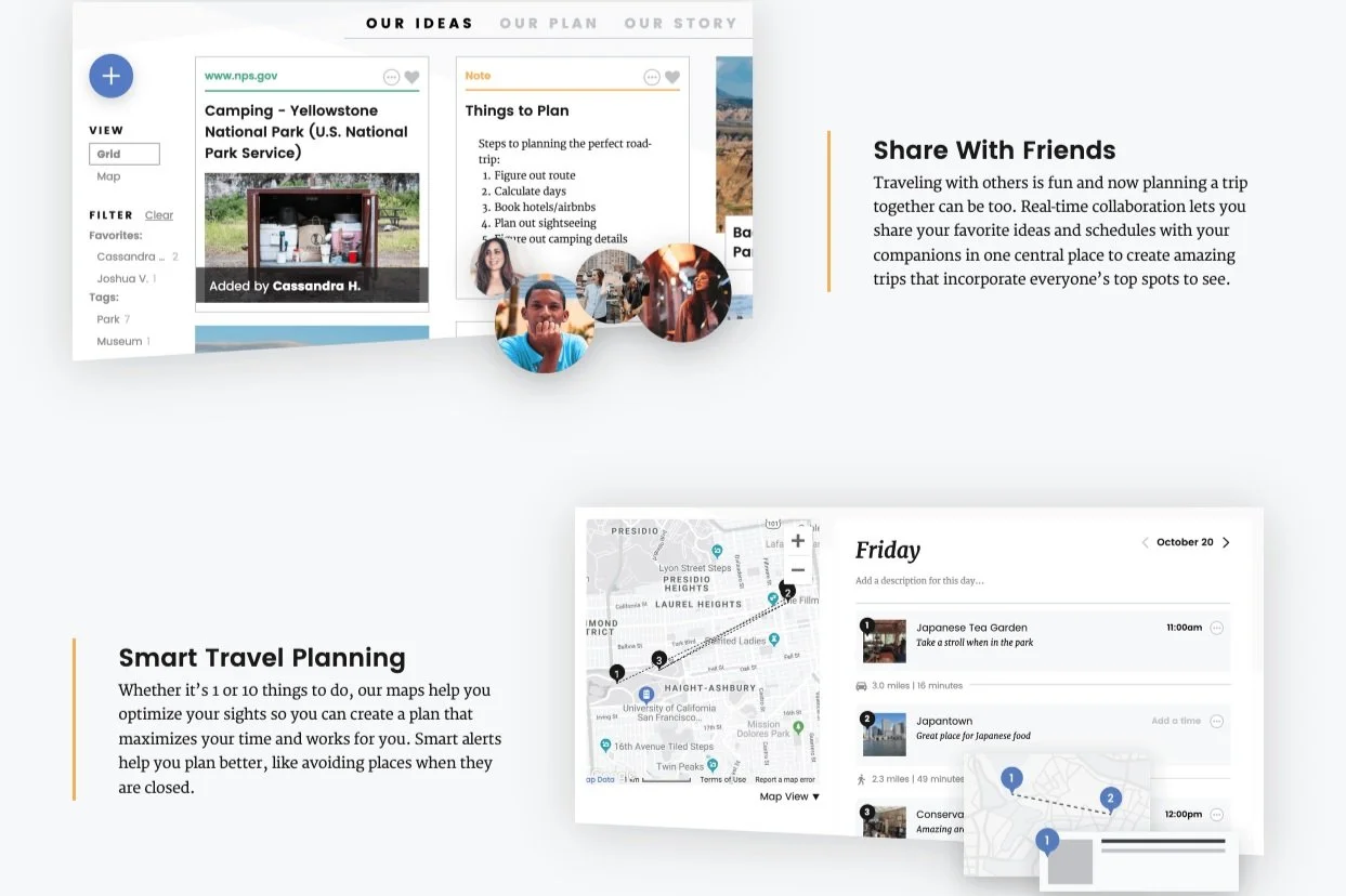 website layout showing features