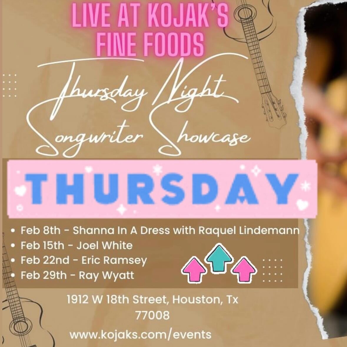 🎶 HOUSTON!!! I am Absolutely GIDDY to come see you!!! THURSDAY 6:30-9pm at Kojak&rsquo;s!!! I will be swapping a few songs with the incredible Shanna in a Dress before her set!! Thank you to Ed Amash and SongCircle Houston for including me in this e