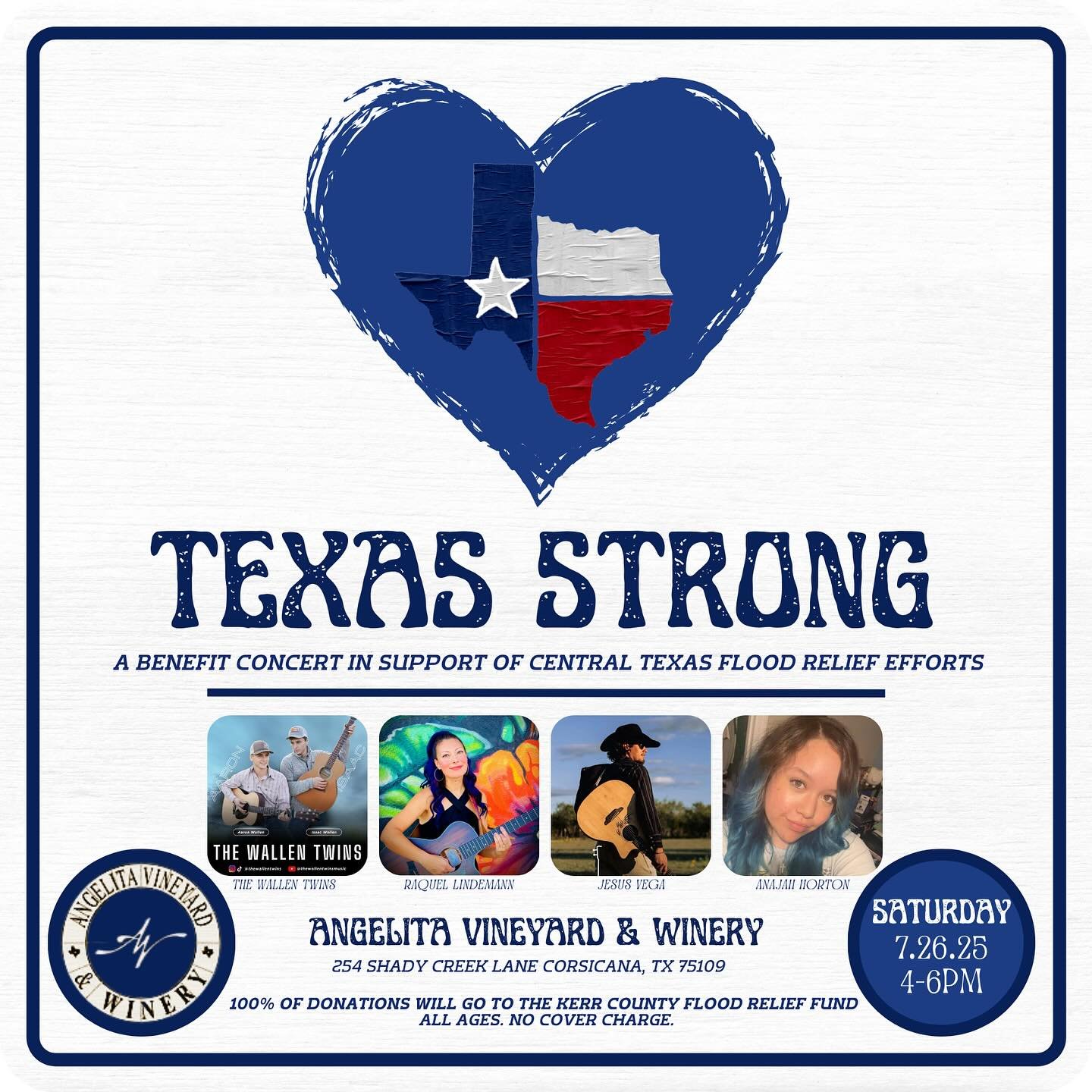 💙We are TEXAS STRONG.💙 Please join us in helping Texas families in need. 100 percent of the donations will go to the Kerr County Flood Relief Fund.

Texas Strong: A Benefit Concert in support of Central Texas Flood Relief Efforts will take place on