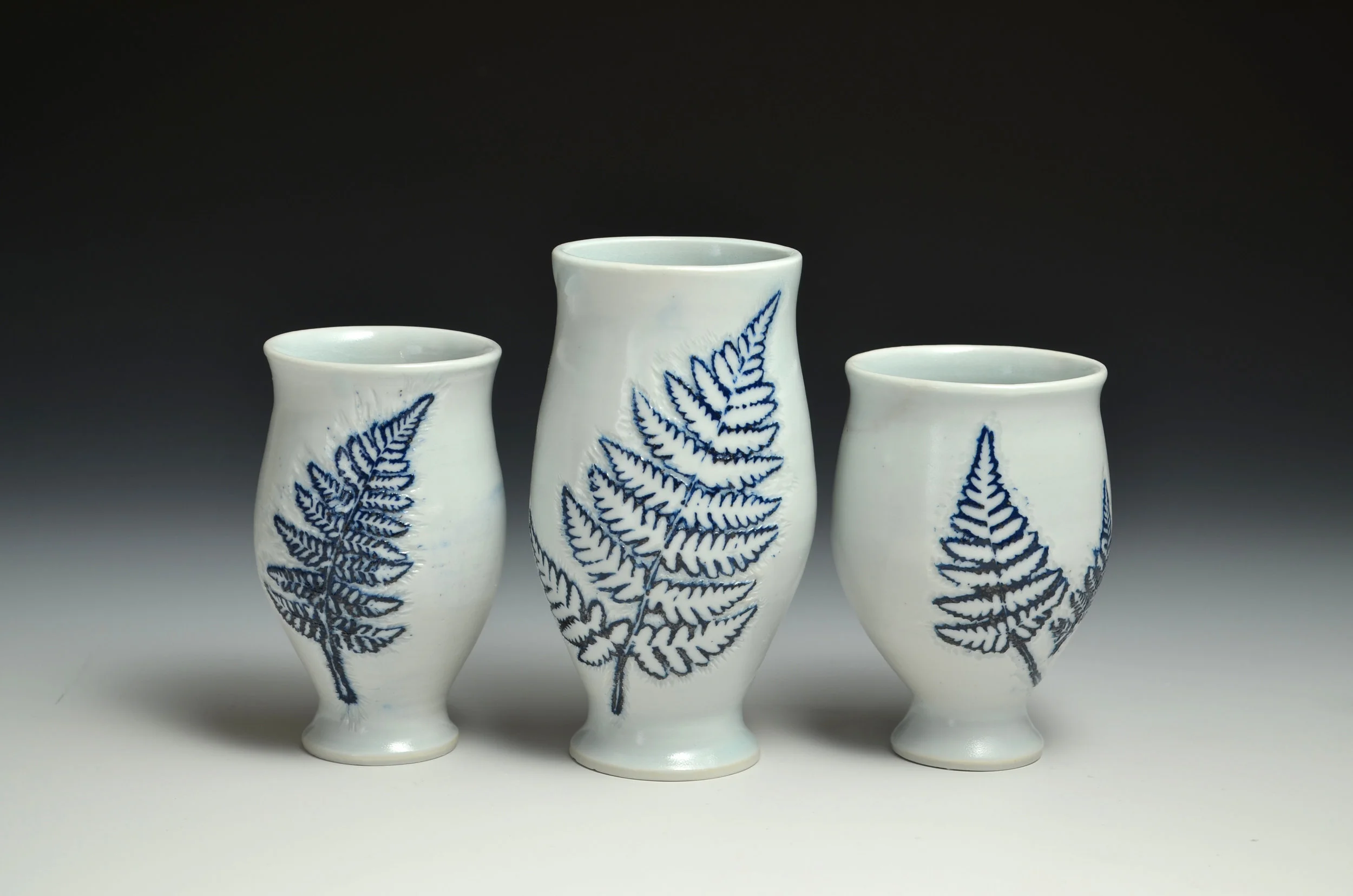 Deirdre Graham, “Fern cups”, wheel thrown porcelain with slip and glaze, from BA exhibition, 2016