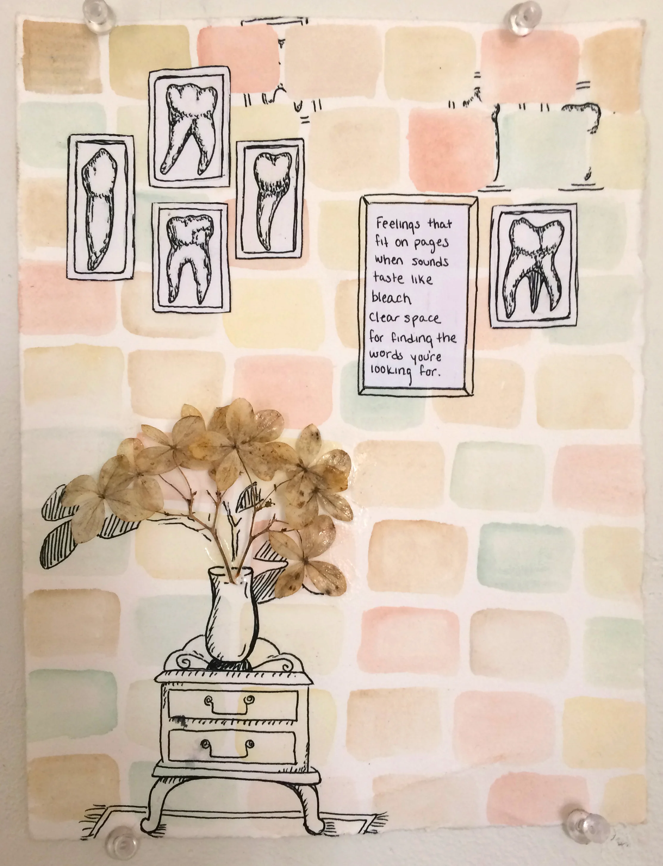 Alexis Smith, Untitled, watercolor, pen, flower petals, 11x14, Experimental Drawing, 2015