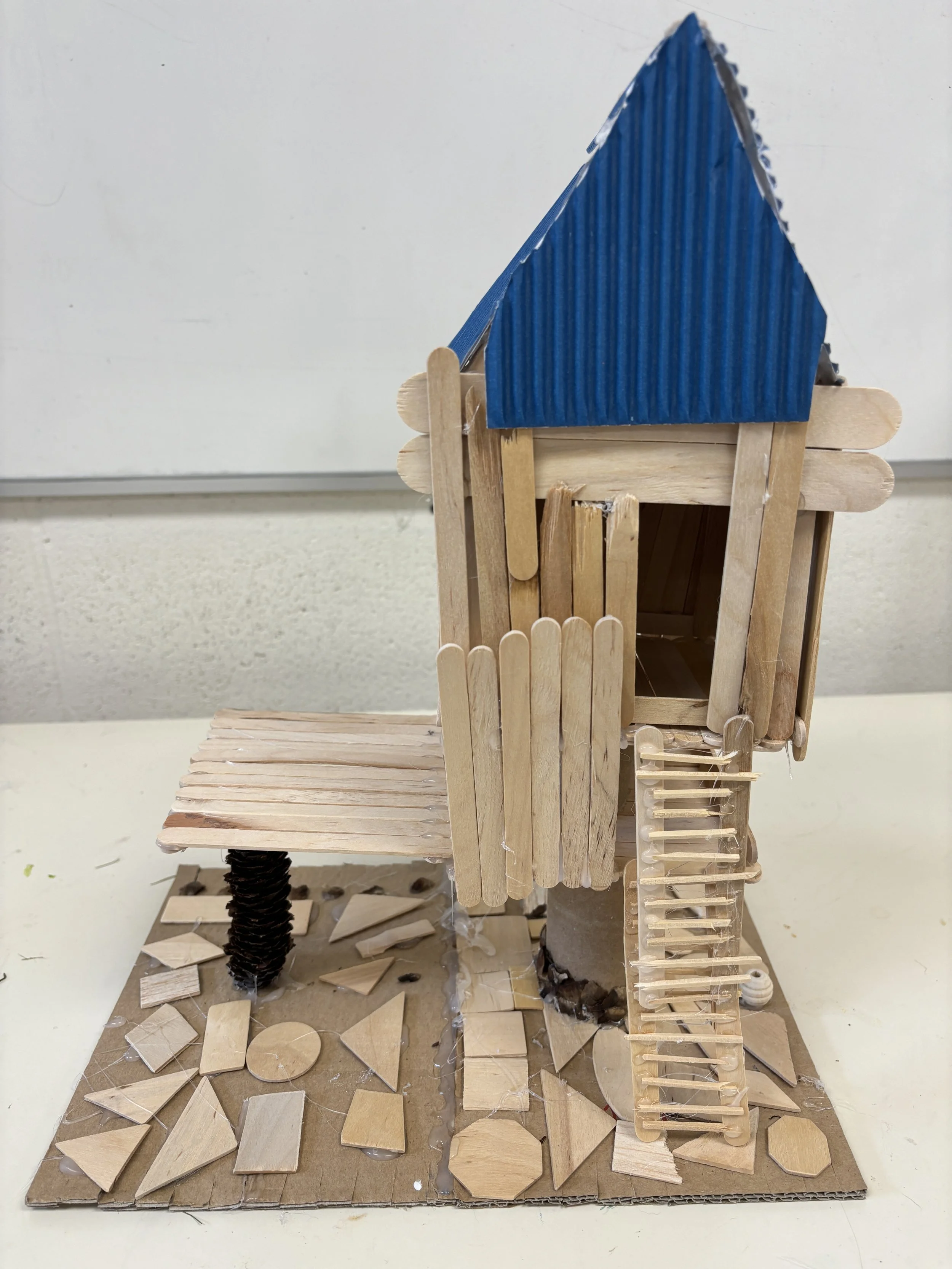  4th Grade Art - Dream tree house project - cardboard, wood pieces, hot glue, found materials.  