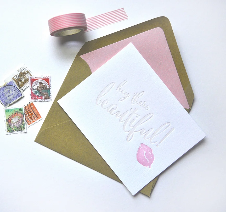 letterpress hey there beautiful letterpress kiss notecard stationery