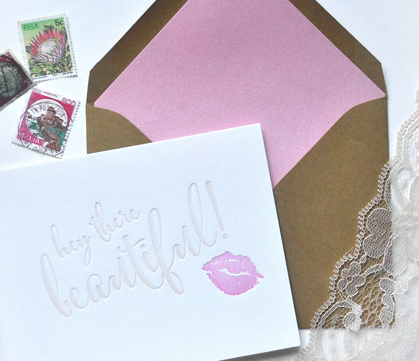 letterpress hey there beautiful letterpress kiss notecard stationery
