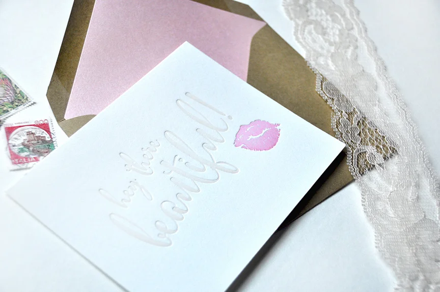 letterpress hey there beautiful letterpress kiss notecard stationery