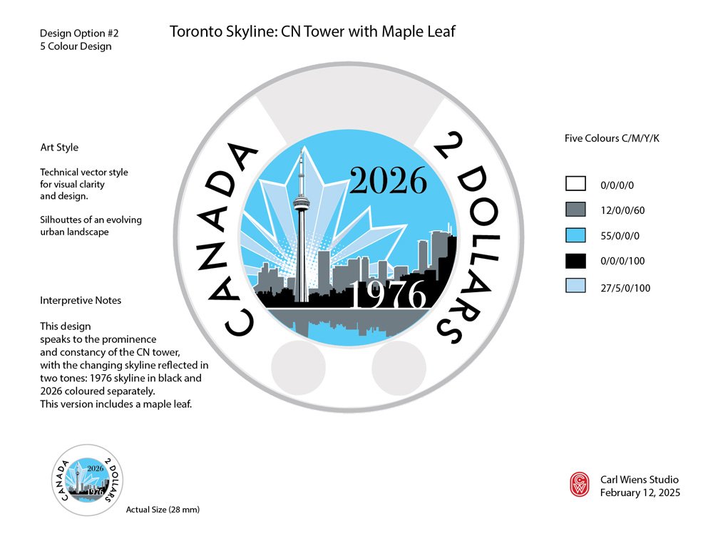 The Royal Canadian Mint toonie celebrating the 50th anniversary of the CN Tower  alternate option