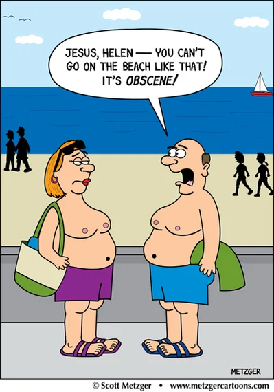 Credit: Scott Metzger – www.metzgercartoons.com – http://www.metzgercartoons.com/newswritingmisc/topless-couple-on-the-beach-cartoon-its-a-greeting-card