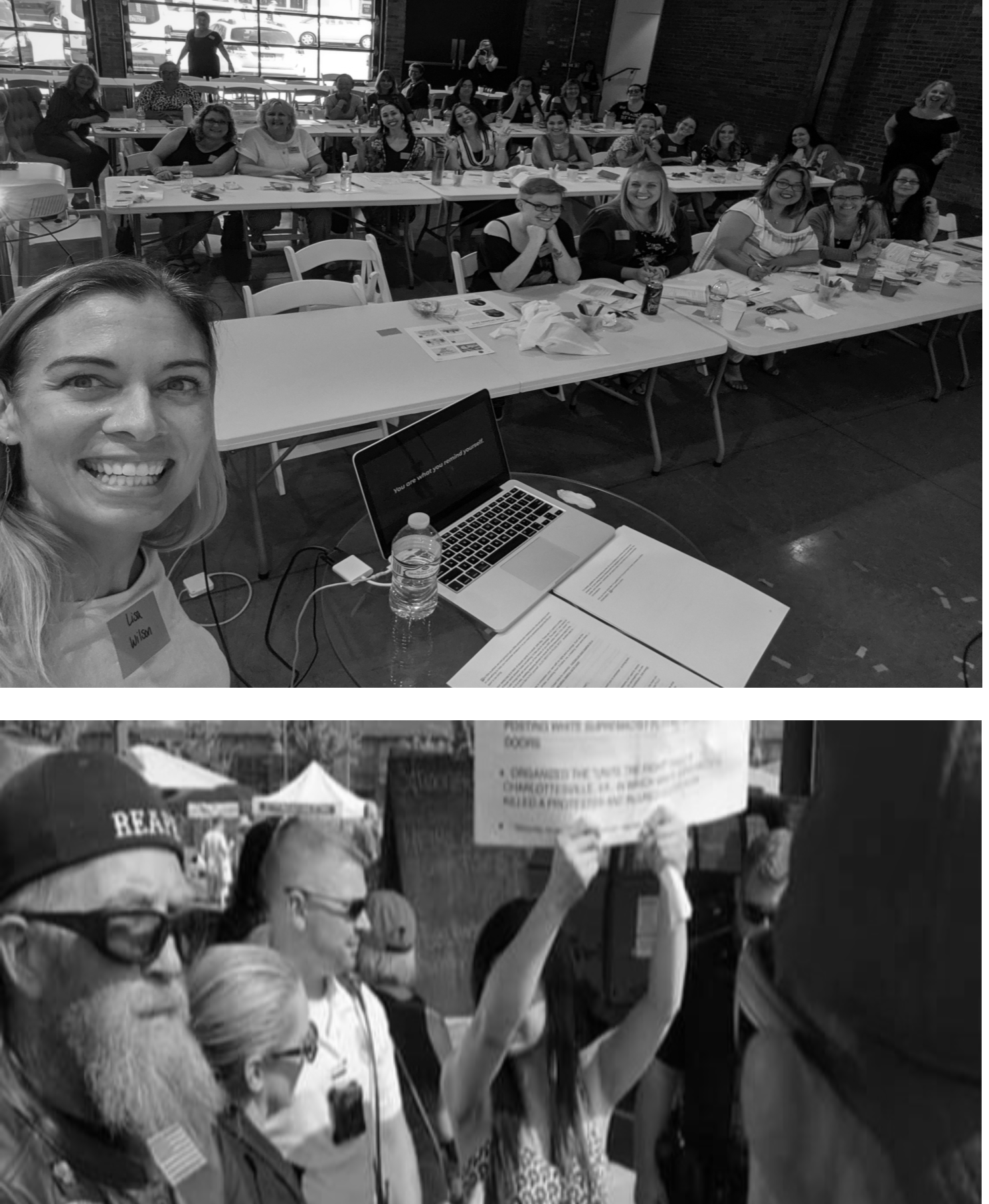 Top image: Selfie taken at the conclusion of my SPARK presentation this past weekend.  Bottom image: Photo taken a few blocks away, around the same time as the top photo. at the local Farmers Market, during a protest and subsequent arrest.