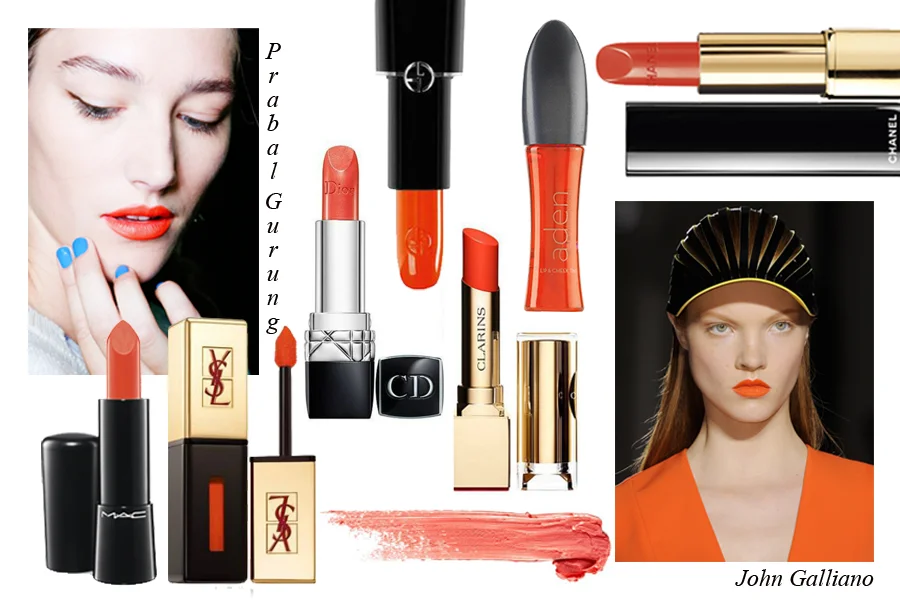 Rouge d’Armani Sheer Lipstick in 300, Giorgio Armani ; Arden ; Rouge Allure Excentrique, Chanel ; Rouge Dior, 532, Dior ; Rouge Eclat Lipstick in Spicy Orange, Clarins ; Mineralize Rich, Utterly Delicious, M.A.C ; Rouge Pur Couture Lip Lacquer in Orange Fusion, Yves Saint Laurent
