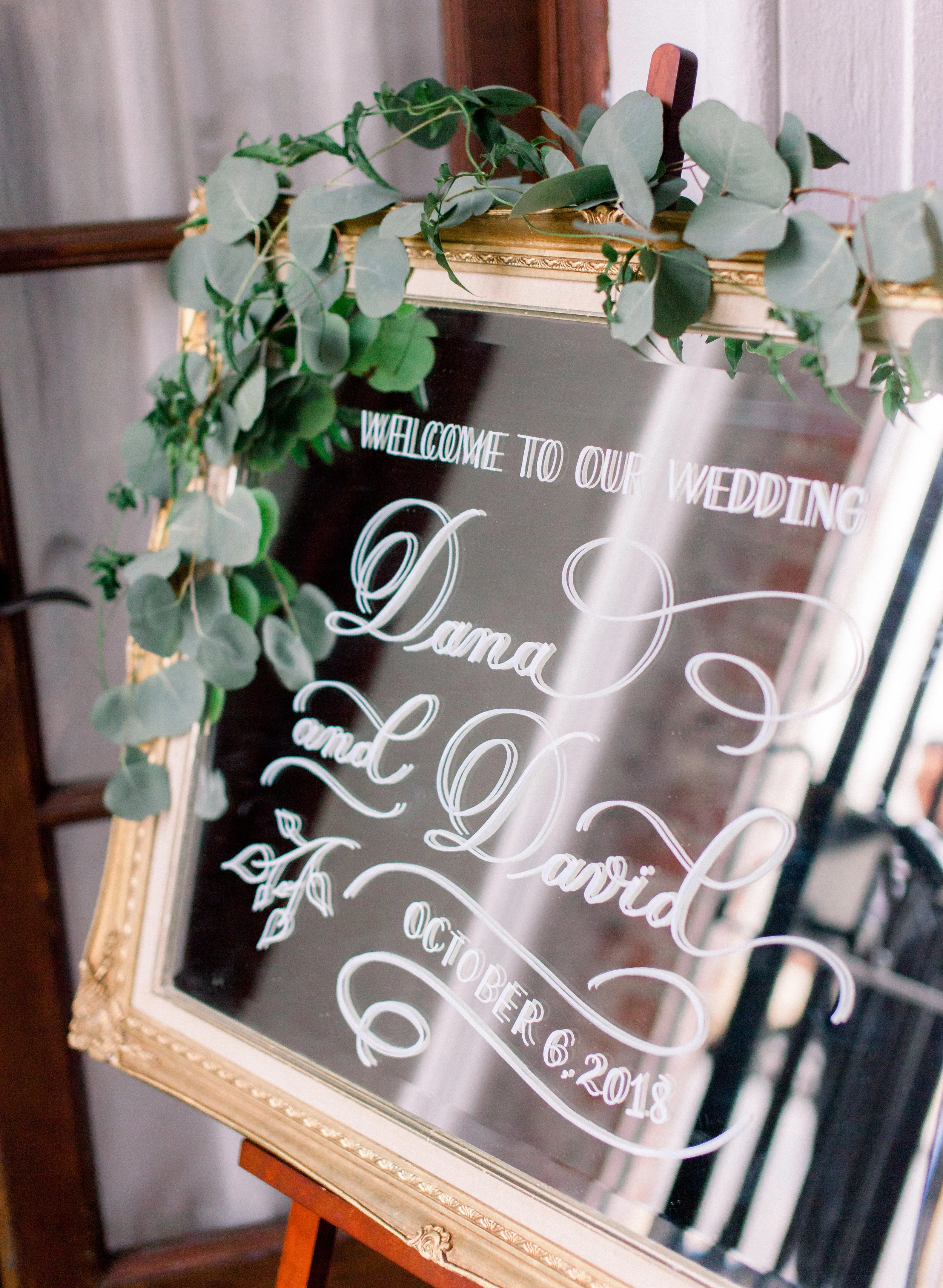 Los Angeles calligraphy on mirror seating chart