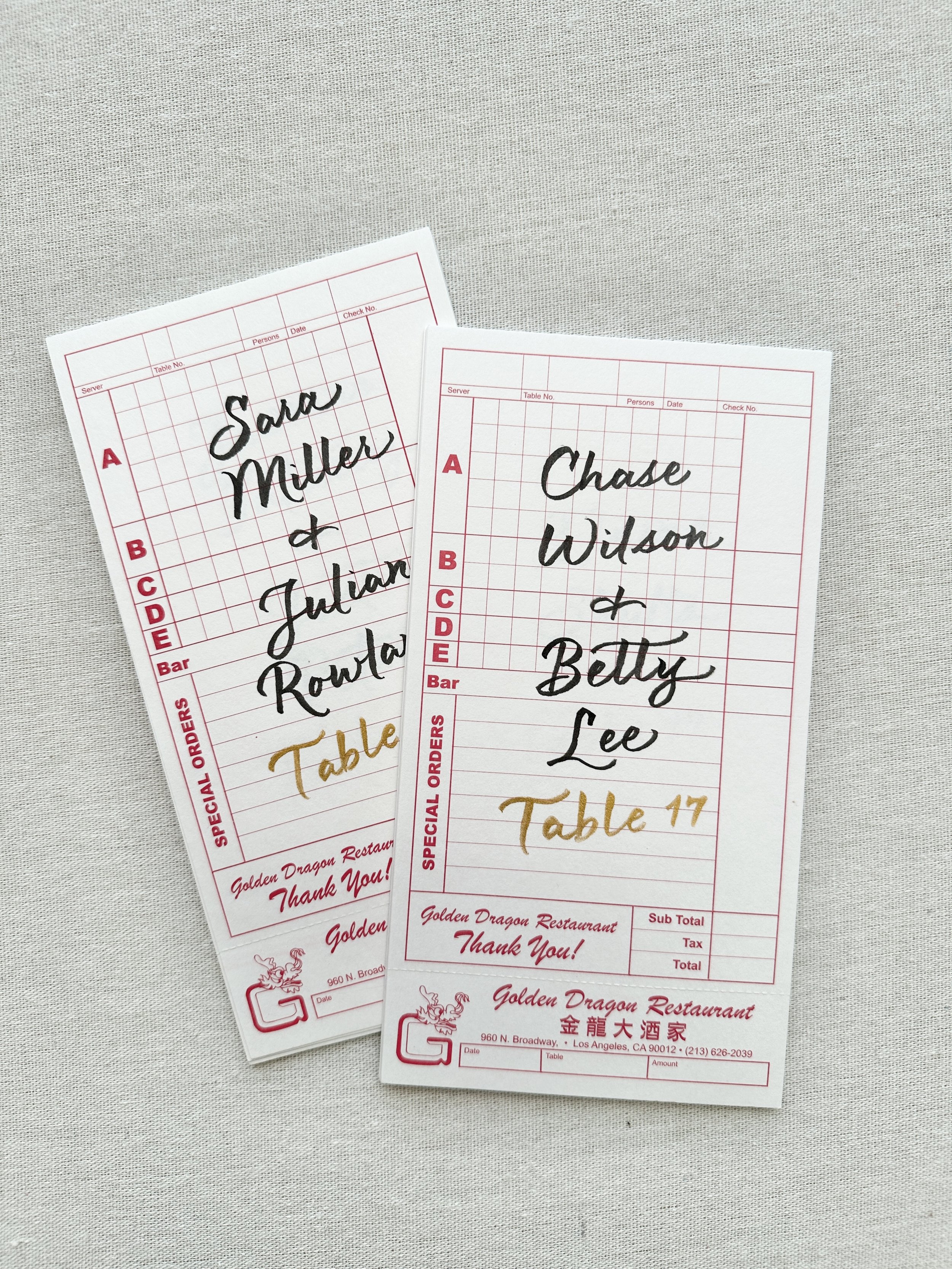 Los Angeles hand written calligraphy place cards