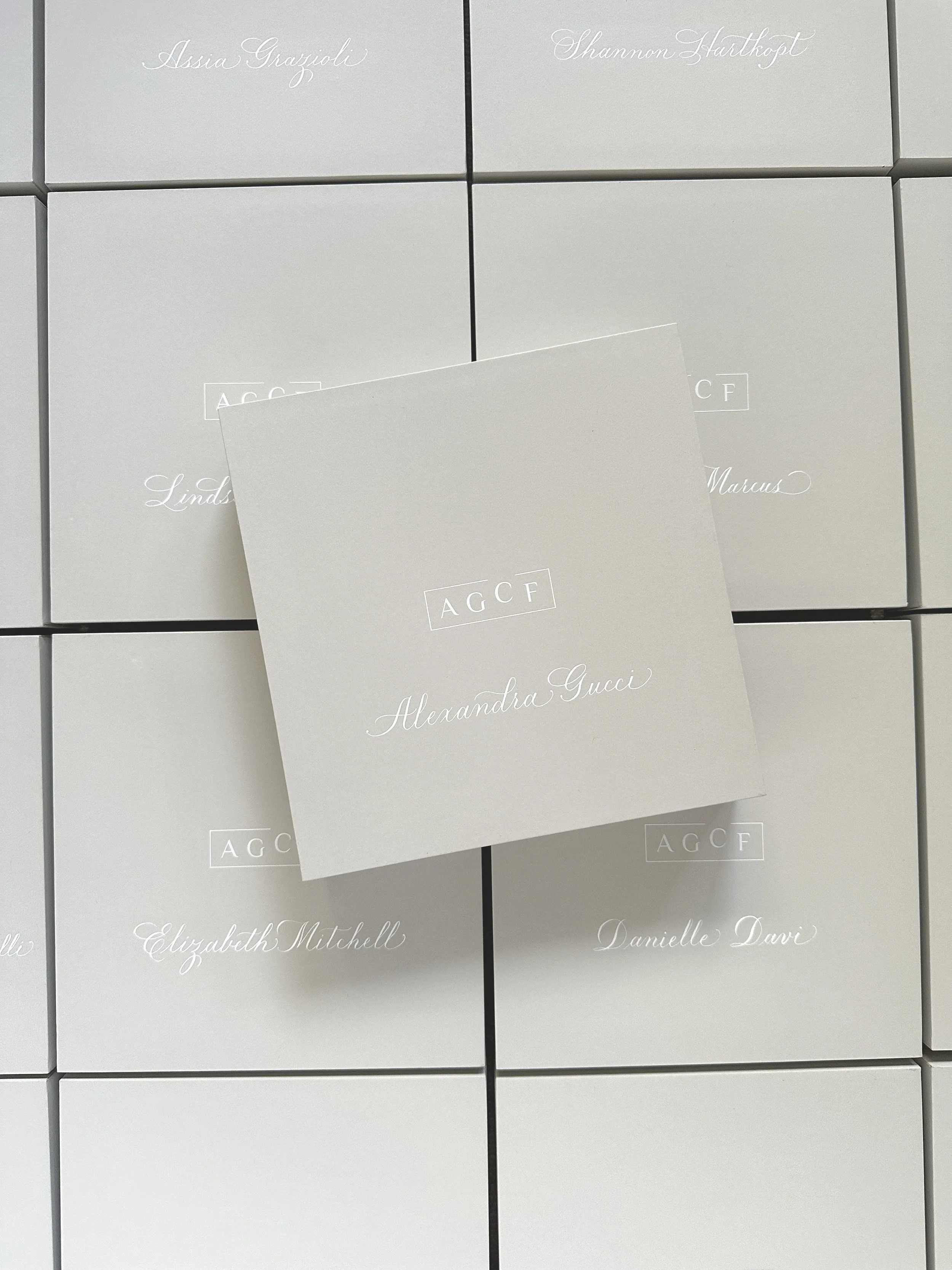 AGCF - hand calligraphed jewelry boxes for place card + gifts