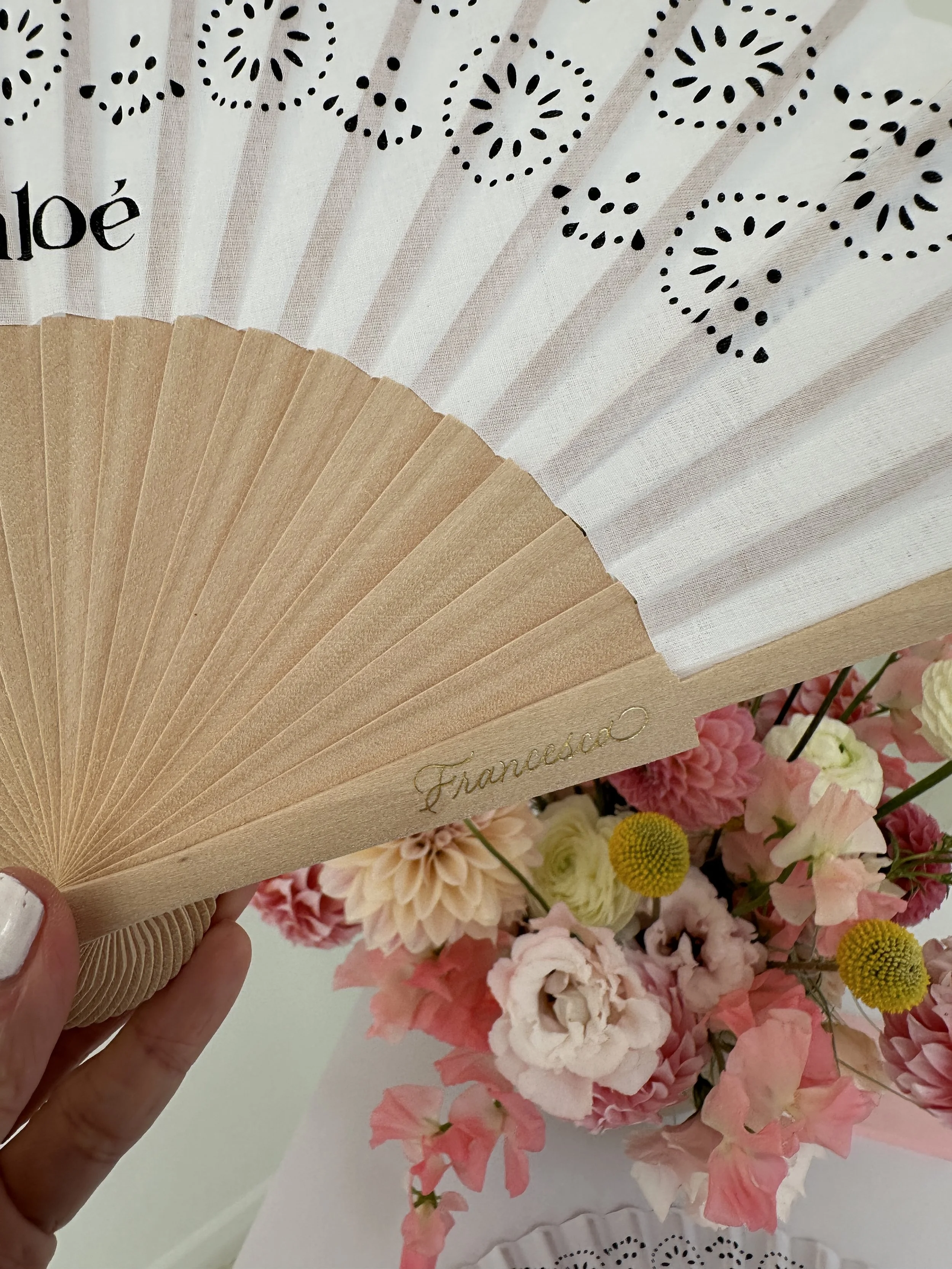  Betty Ling Calligraphy personalized Chloe handheld bamboo fans for a VIP event at their Melrose boutique in Los Angeles.  
