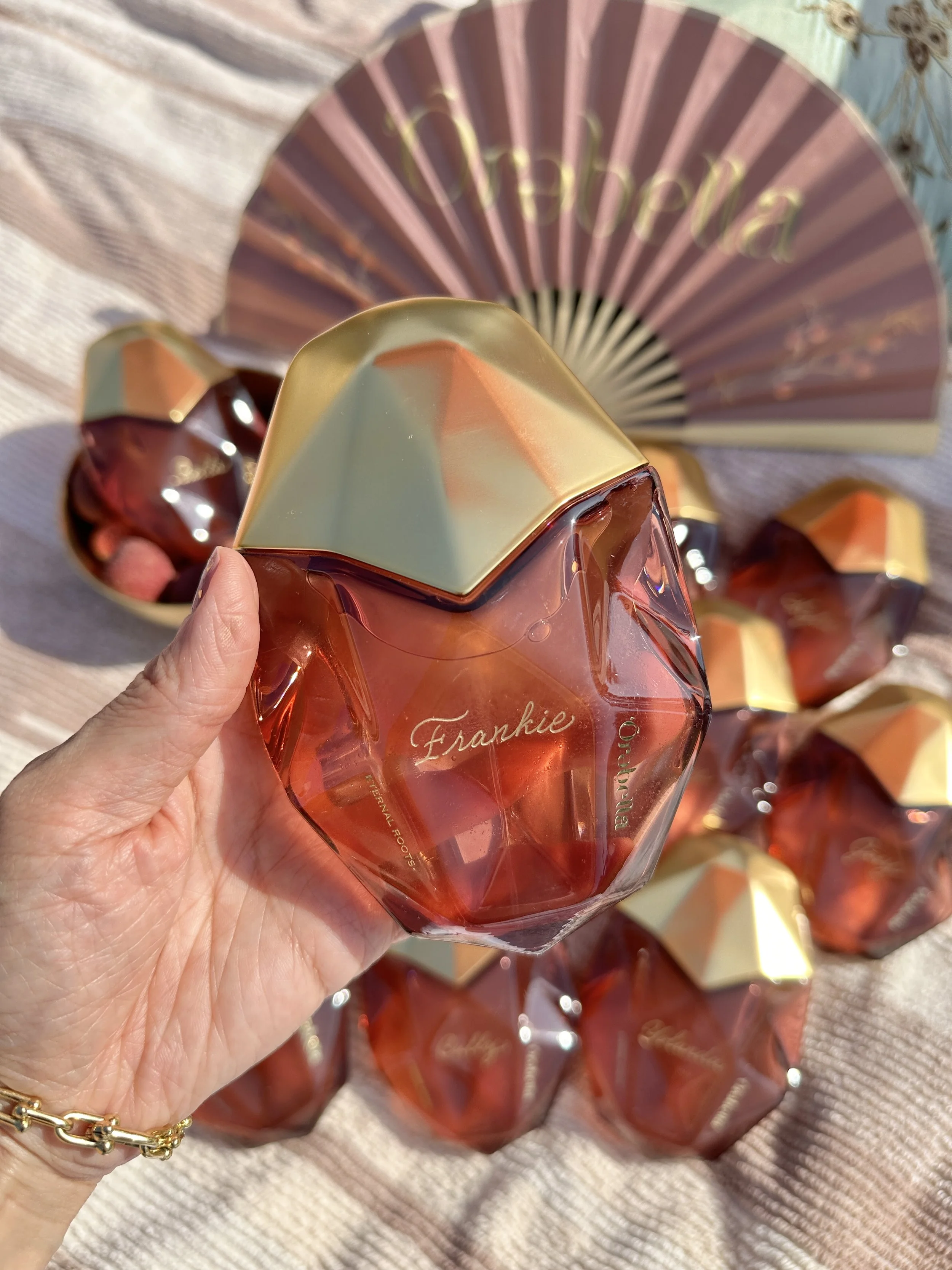  Betty Ling Calligraphy engraved perfume bottles for Orebella fragrances in Beverly Hills with guest names, filled with gold to match the brand’s logo. 