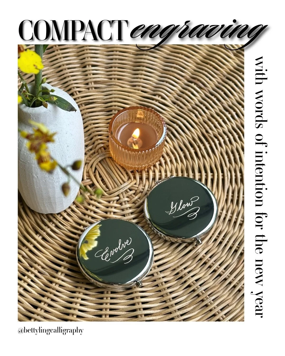 Kicked off 2026 on a rainy day with an inspirational event with Bumble ✨

I engraved 50 metal compacts with words of intention&mdash;meant to inspire and serve as daily reminders for each guest.

#losangelescalligrapher #losangelesengraver #brandacti