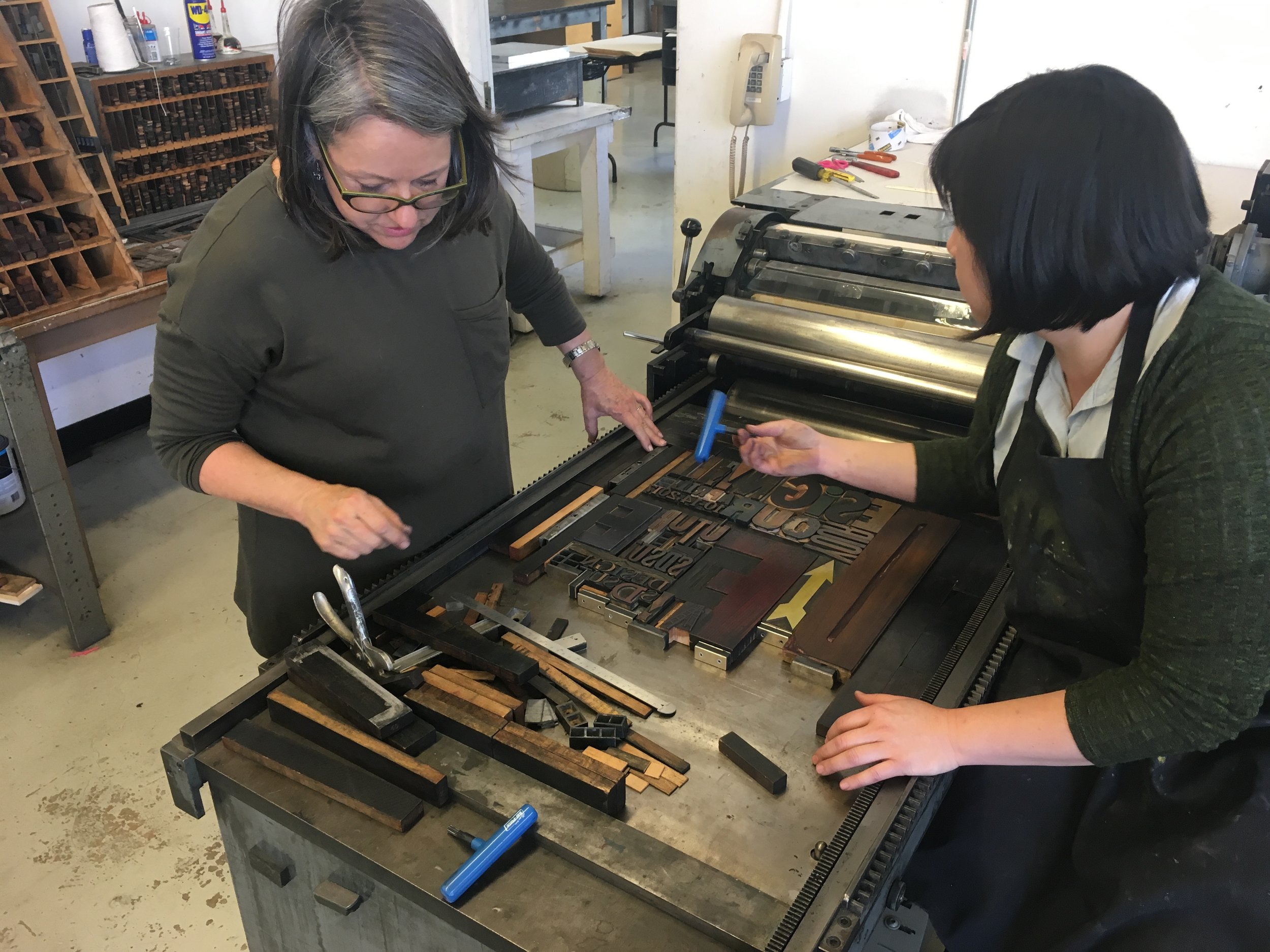  Working with Michele Burgess on preparing handset wood type for letterpress printing. 