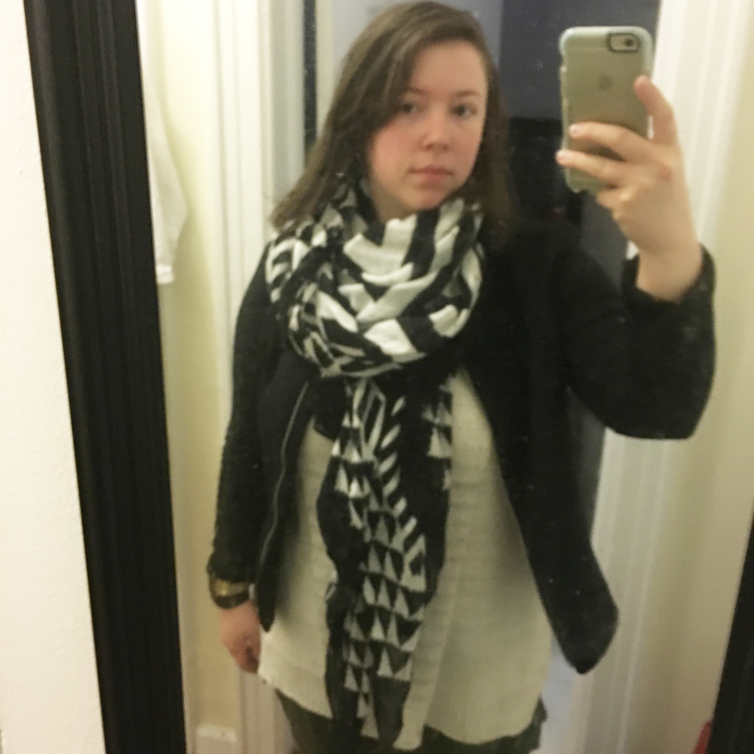 Dressed and ready to go with my go to scarf I snagged a couple weeks ago at a sample sale