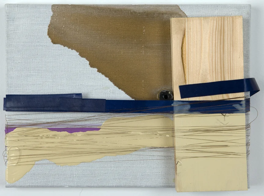 After Lee, 2008 Enamel, wood, ribbon, thread and bead on line 9 x 12 inches