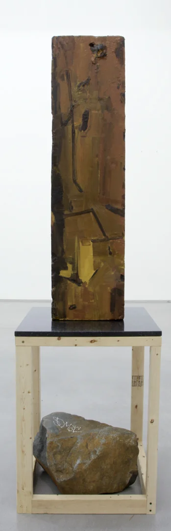 Archeology, 2011 Oil paint, gesso, Styrofoam, granite, pine, screws and stone 78 x 22 x 22 inches