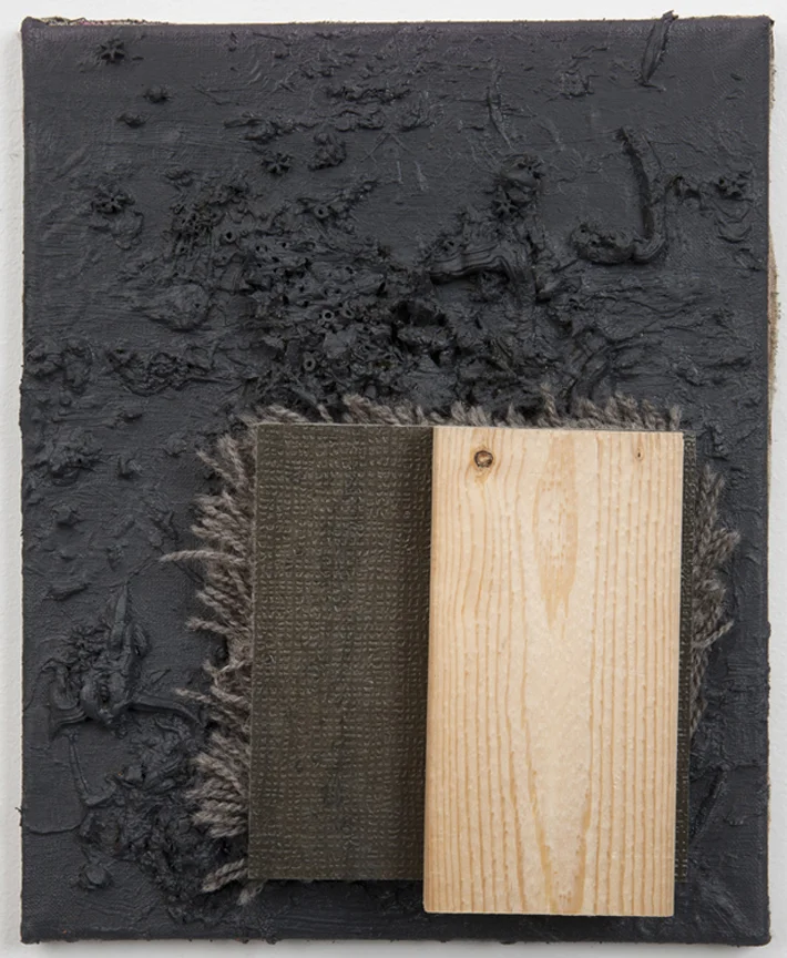 Los Angeles, 2011 Oil, beads, wool carpet and wood on linen 12 x 9 inches