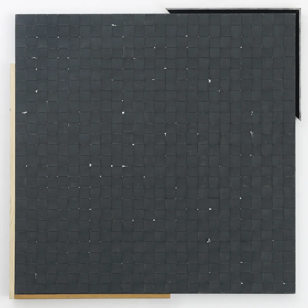 Push, 2012 Aluminum flashing, oil, canvas, graphite and wood 41.5 x 41.5 inches
