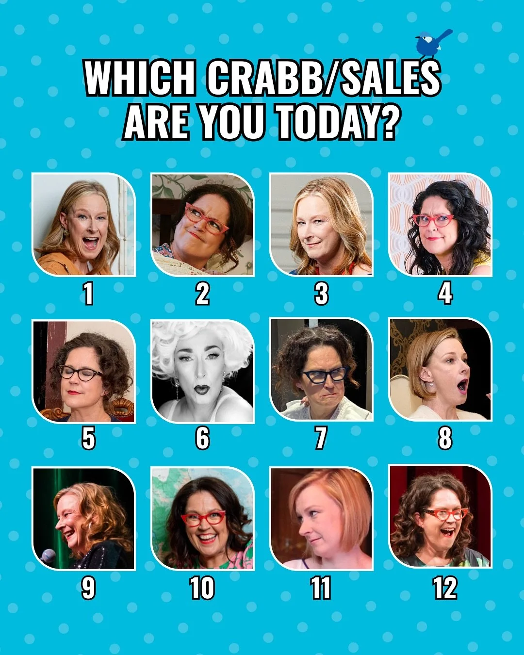Currently alternating between 3 and 12. You?

Image descriptions:
A graphic with the heading &ldquo;Which Crabb/Sales are you today?&rdquo; followed by 6 photos each of Crabb and Sales in varying moods:
1.⁠ ⁠Sales: The delighted surprise
2.⁠ ⁠Crabb: 