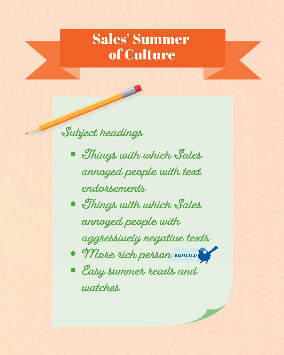 Chatters! Sales' Summer of Culture episode is almost here! ⁠
⁠
You know she loves a list, and this time she's tried to split it into interesting subject headings. One of which is a bit too rude to publish here.⁠
⁠
You'll find it on your favourite pod