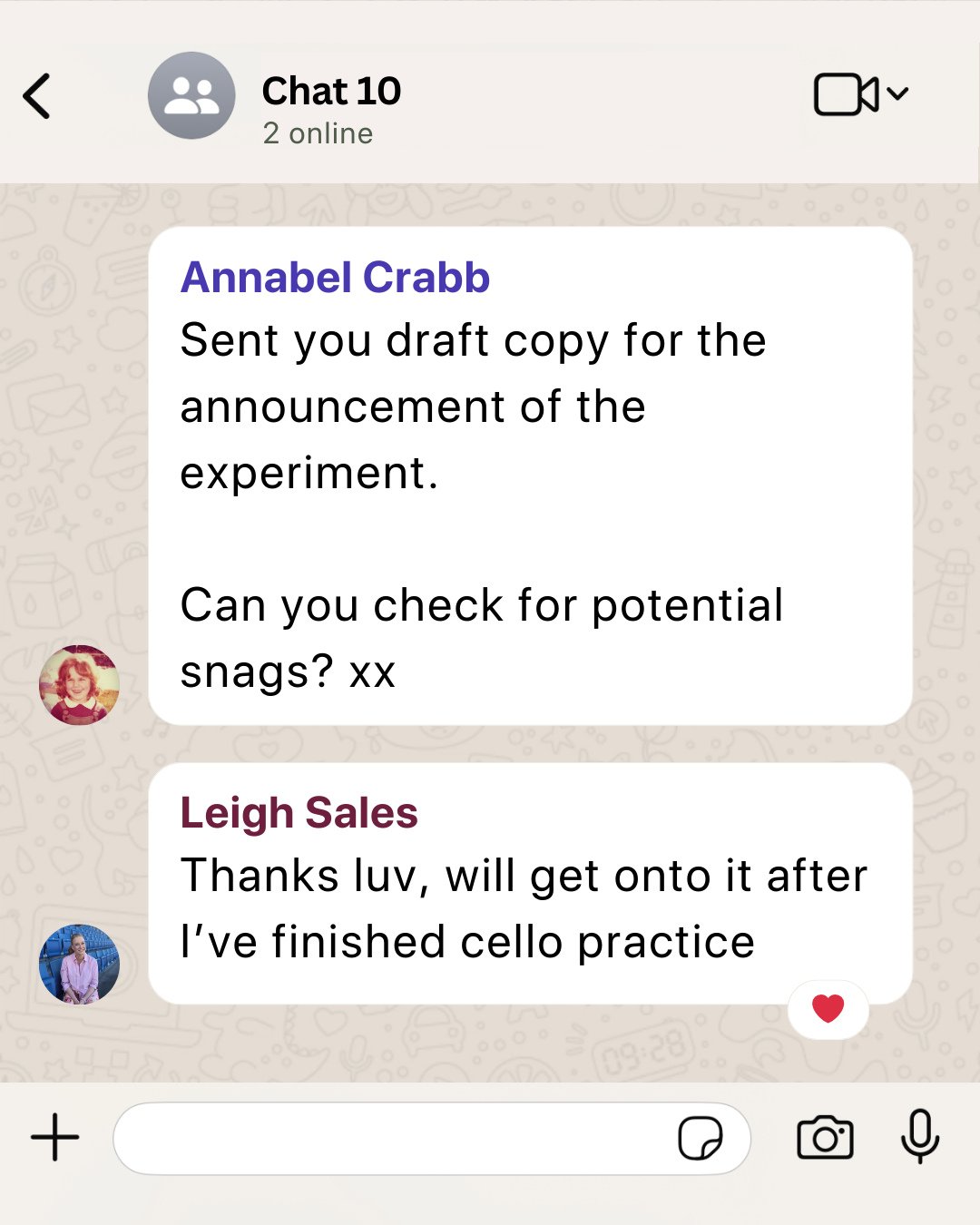 News from Crabb and Sales is coming soon, Chatters.

Comment NEWSLETTER10 if you want to sign up x (The link is also in our bio)

Image descriptions:
1. 
A screenshot of a WhatsApp chat. Crabb sent this message: "Sent you draft copy for the anno