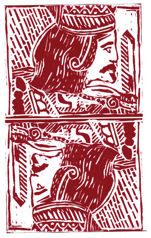 Lino print: ' I'm glad to see you're still alive you're looking like a saint'