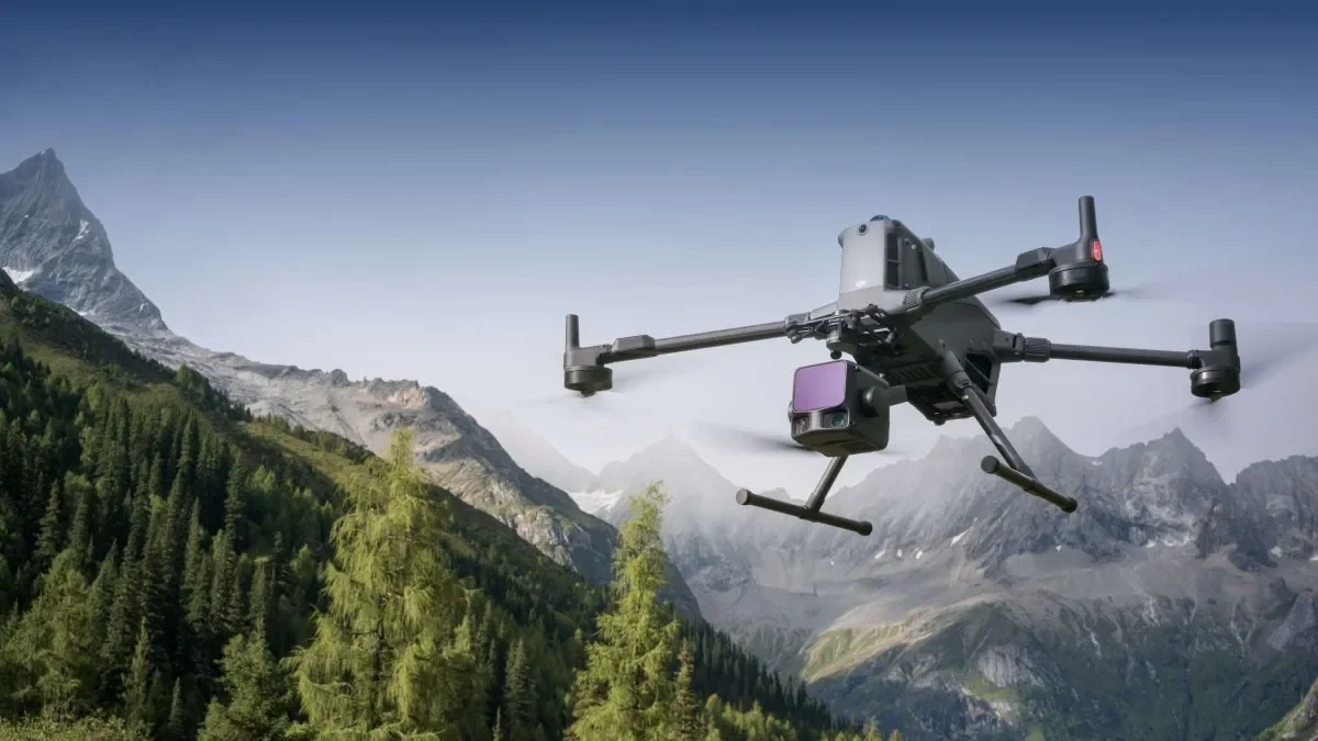 DJI Matrice 400 with Zenmuse L3 LiDAR sensor flying over mountain terrain