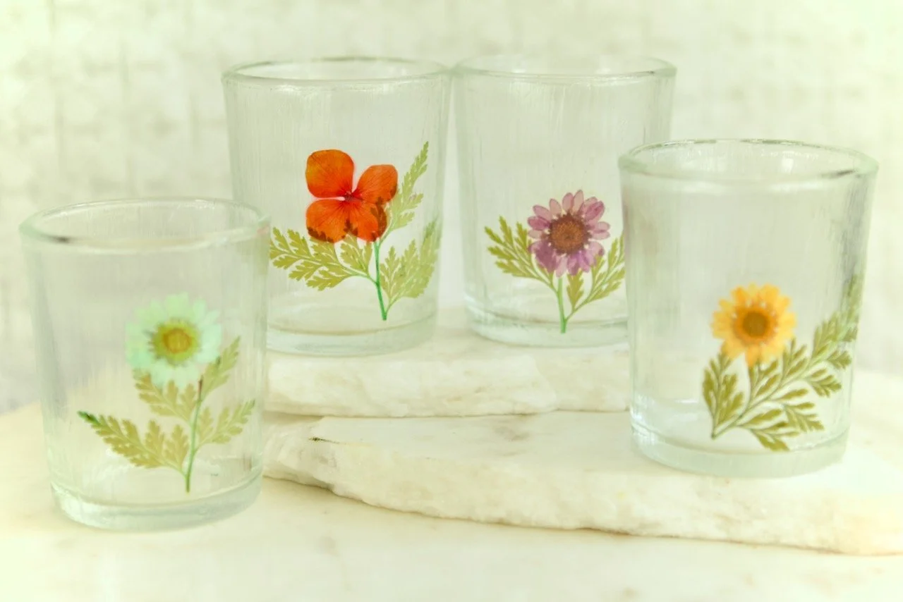 Clear Votive Holder with Inlaid Flower