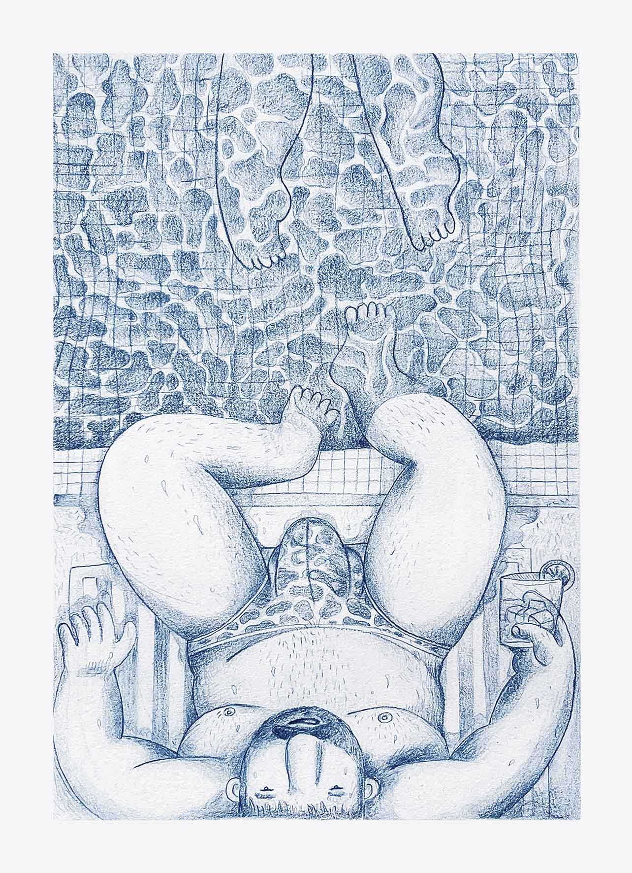 Carlos Rodriguez, Blue drawing #5 - La piscine, 2023