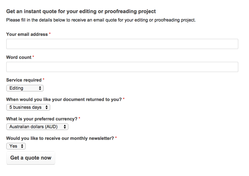 screenshot of online quote calculator