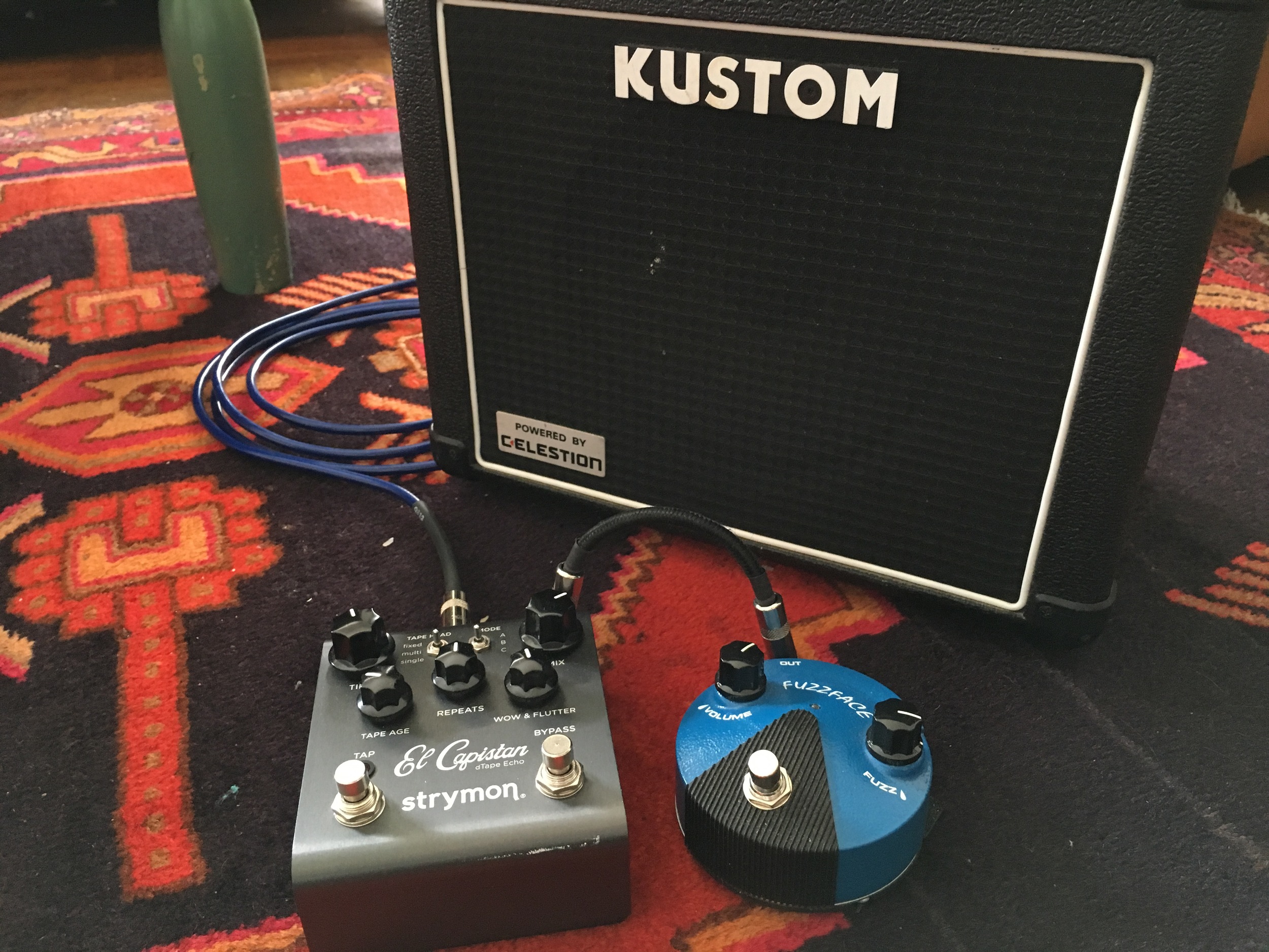  Dunlop Fuzzface Mini, Strymon El Capistan, and a Kustom practice amp. 