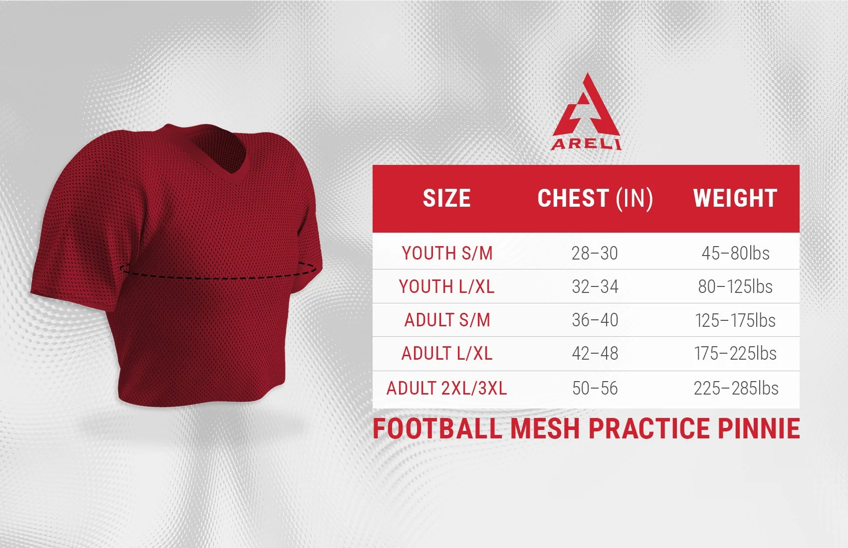 Areli Football Mesh Practice Pinnie Size Chart