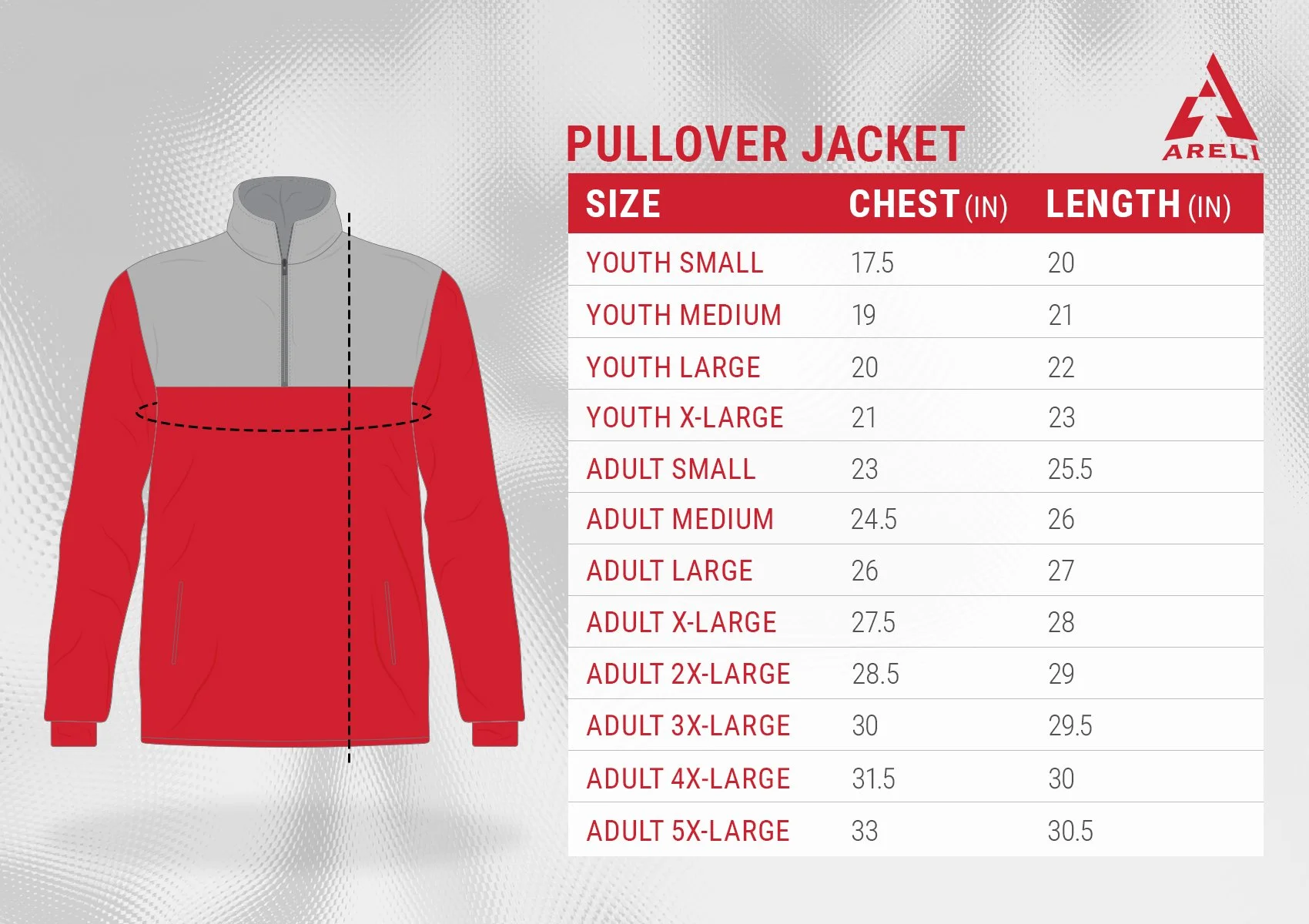 Areli Pullover Jacket Size Chart