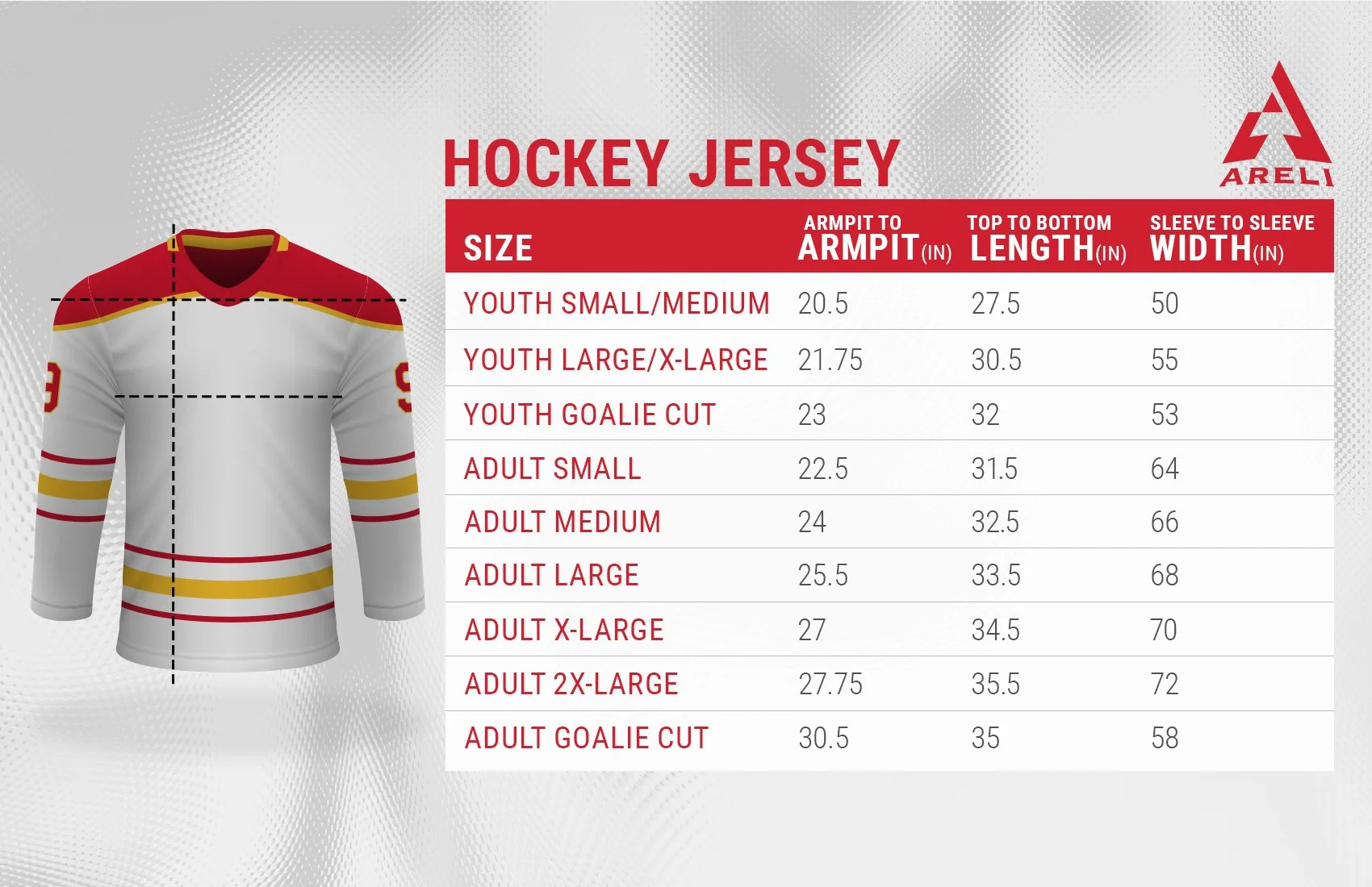 Areli Hockey Jersey Size Chart