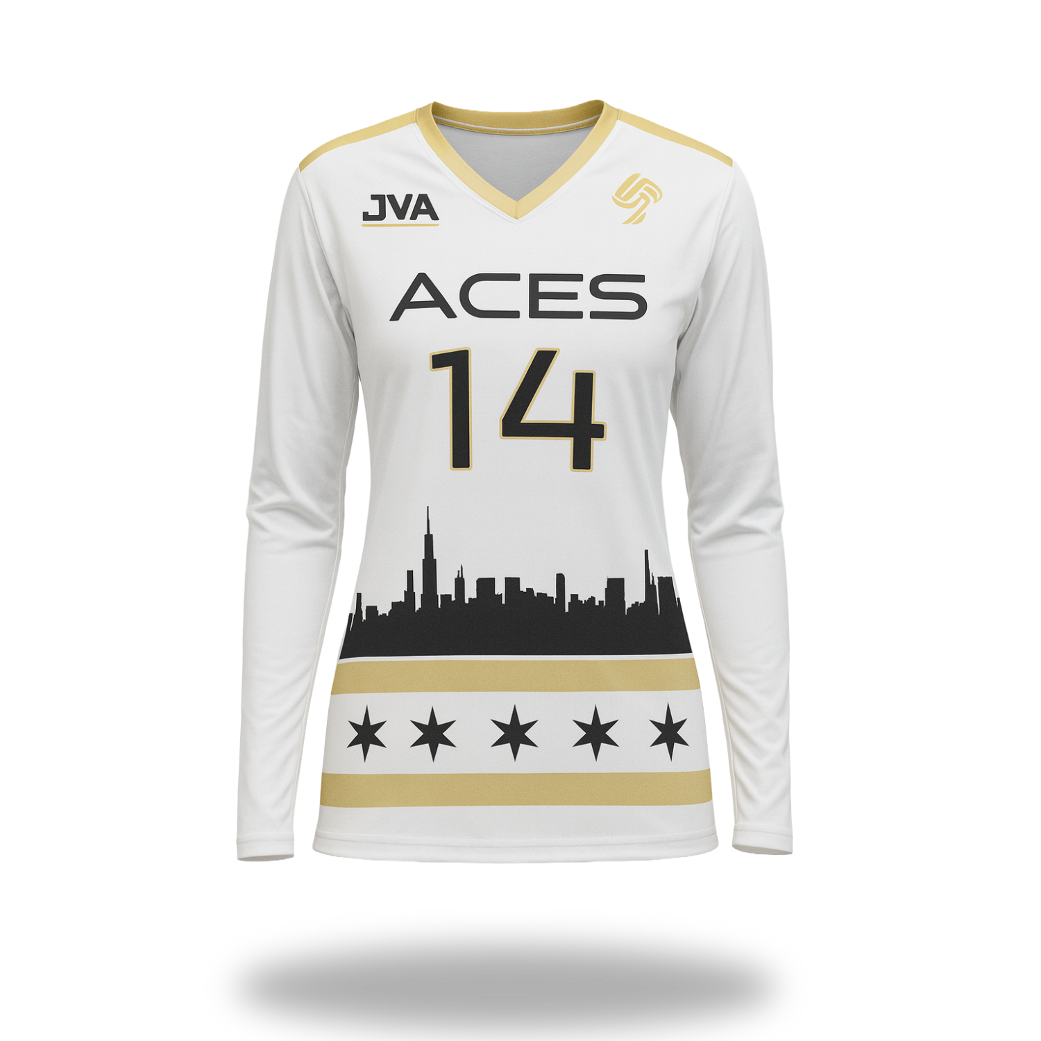 White soccer jersey with gold and black accents, featuring a city skyline graphic and the number 14, set against a backdrop of yellow and gray. Contains various sponsor logos and black star graphics near the bottom.