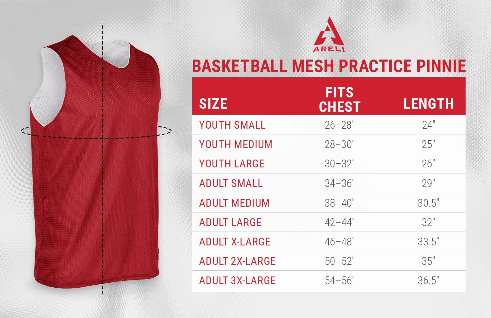Areli Mesh Basketball Practice Pinnie Size Chart