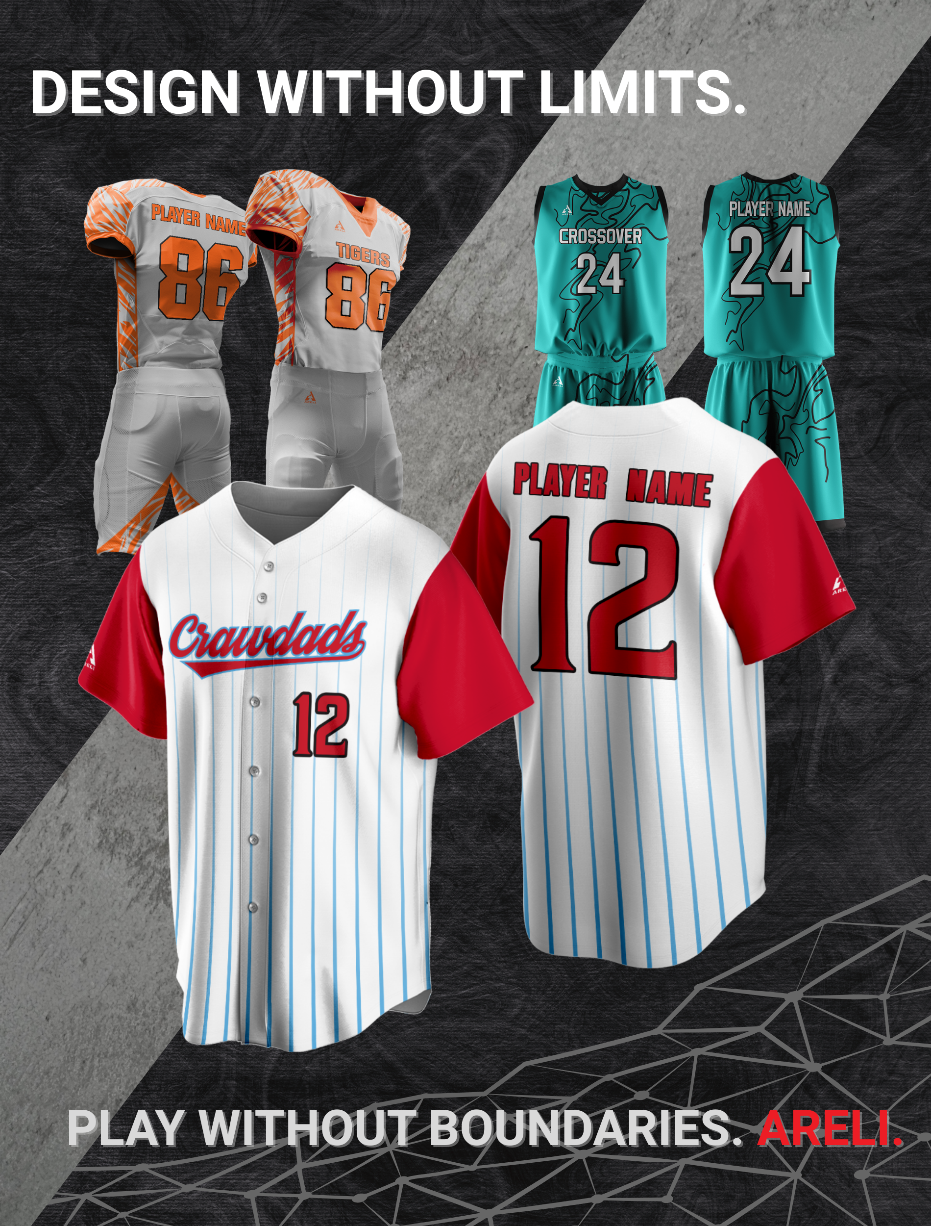 A collage of four different sports jerseys and uniforms with a sports-themed background and the text 'Design Without Limits' and 'Play Without Boundries. Areli.'