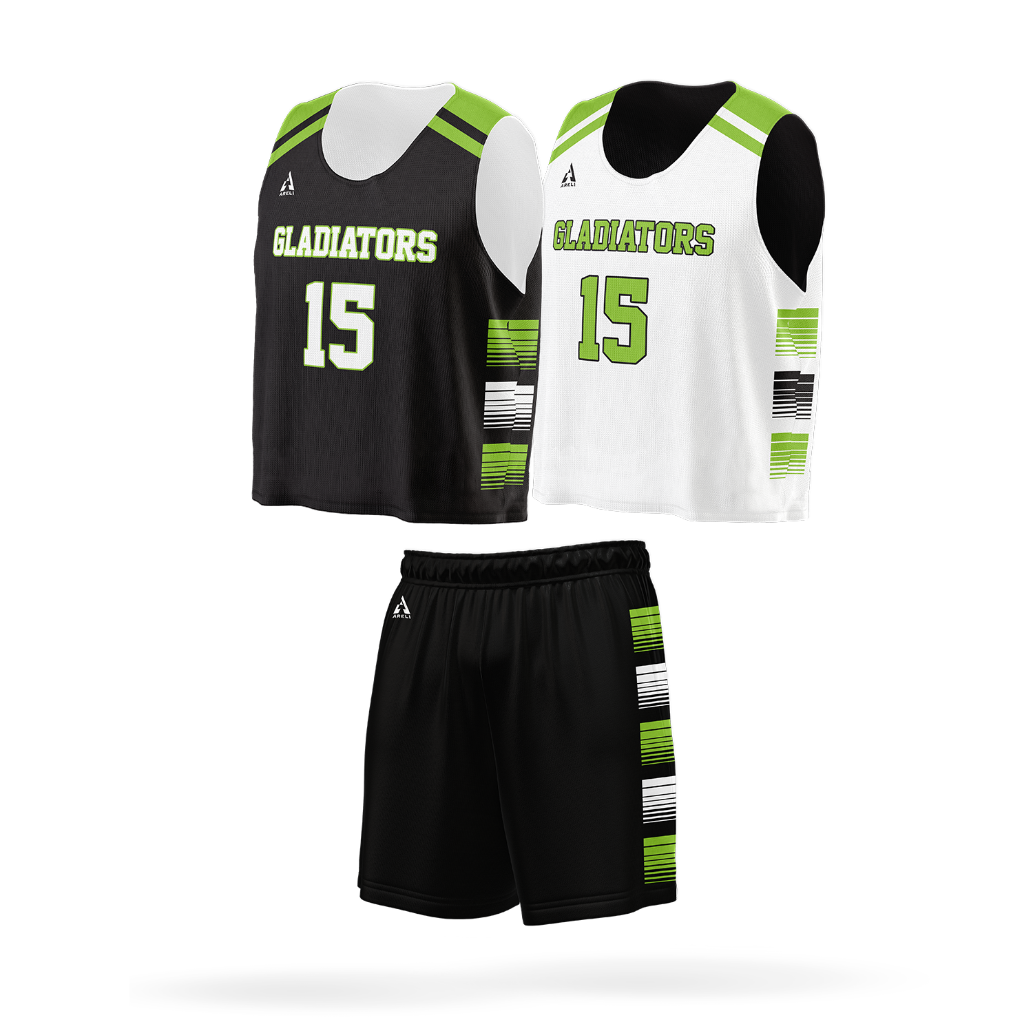 Basketball uniform with black and white jerseys featuring green accents, the number 15, and 'Gladiators' written on the front, along with black shorts with matching green and white stripe patterns.