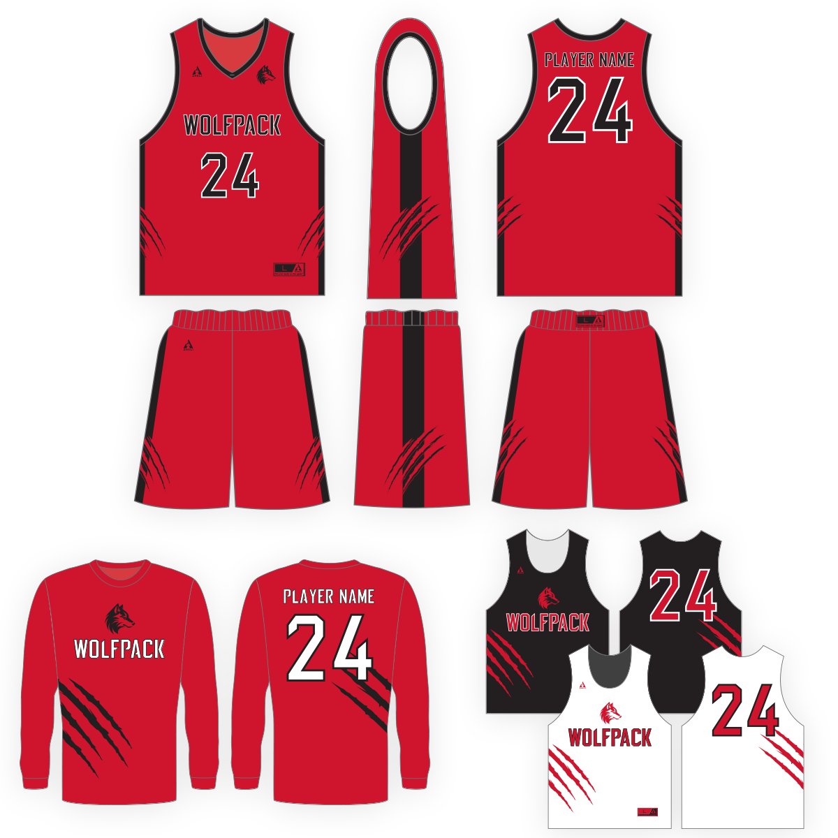 Wolfpack red uniform design, long-sleeve shirt, and reversible practice jersey