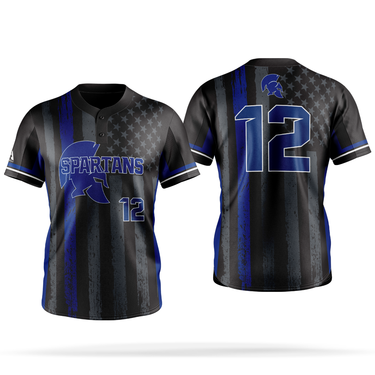 Black sports jersey with blue and gray stripes, featuring a Spartan helmet logo, the word 'SPARTANS', the number 12, and a gray American flag pattern in the background.