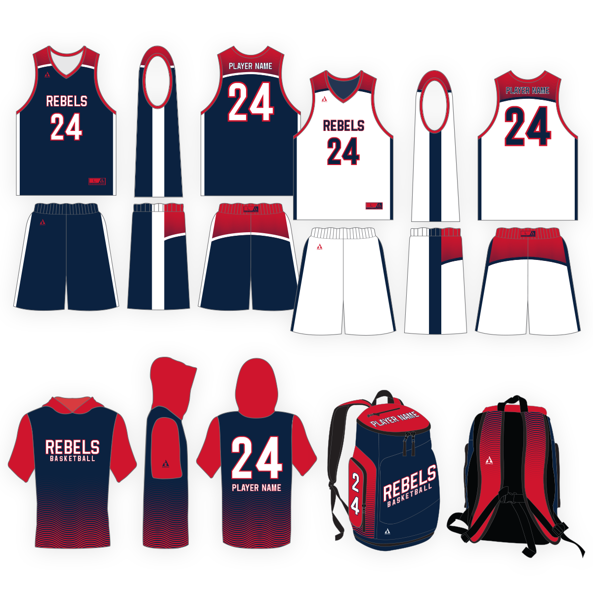 Reversible basketball uniform, short-sleeve hooded shooter, and custom backpack