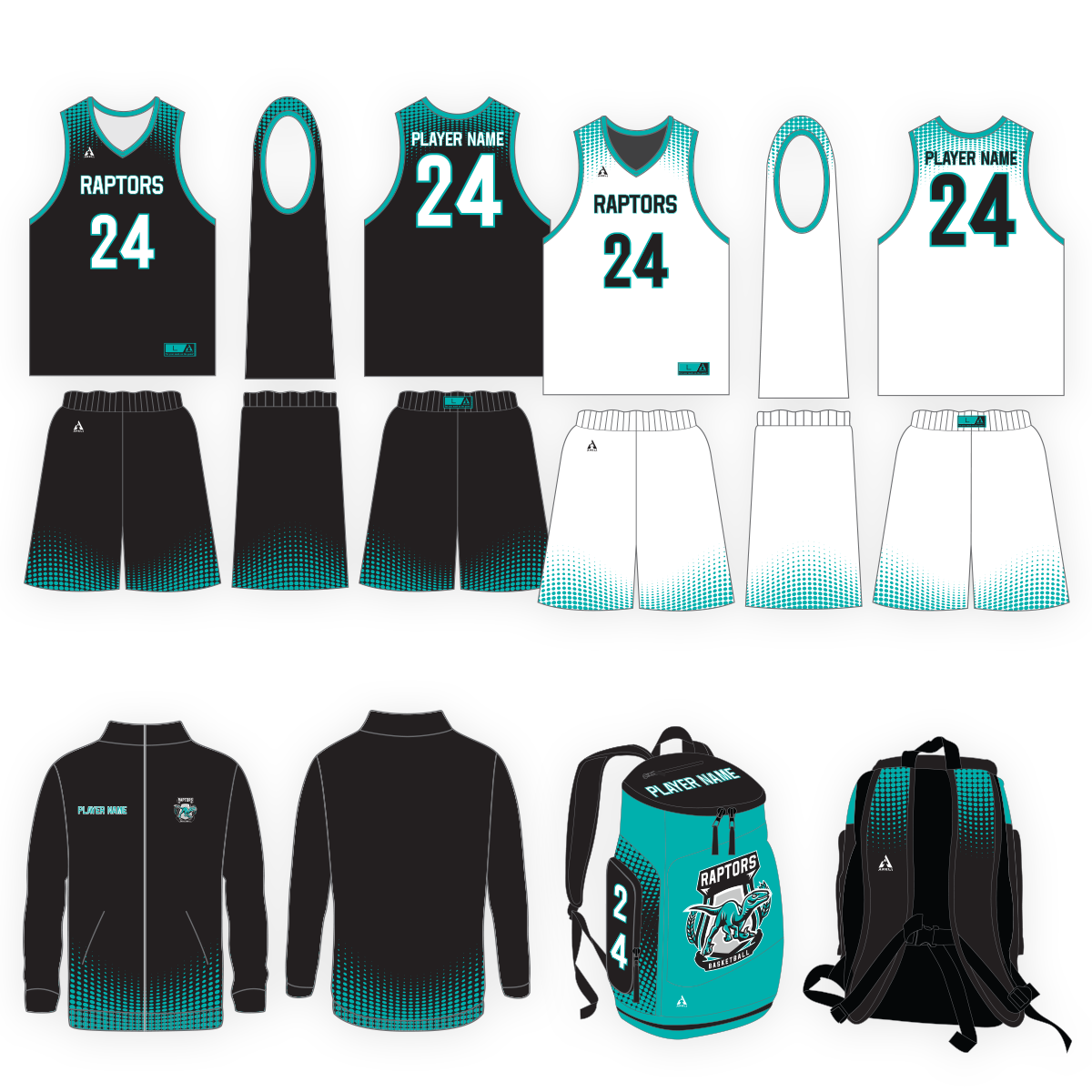 Custom reversible basketball uniform, full zip jacket, and backpack