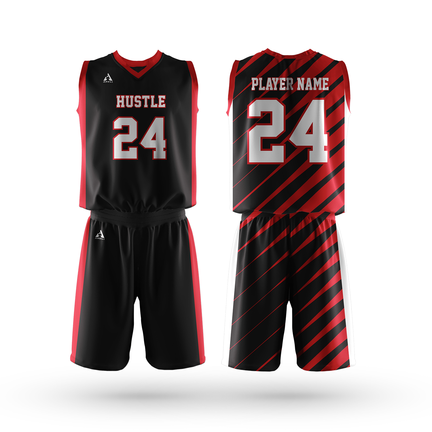 Two basketball uniforms, one black with red accents labeled "HUSTLE" and the number 24, and another with red and black diagonal stripes labeled "PLAYER NAME" and the number 24.