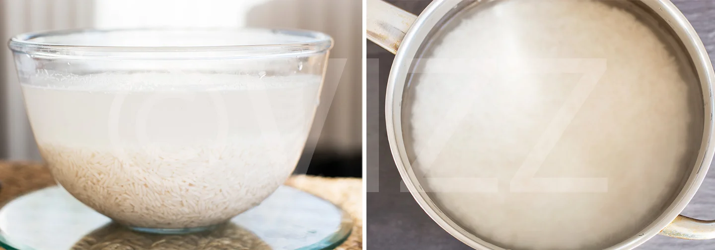 Left:Soak rice for at least an hour. Right: soaked rice rinsed and put in a pot to cook