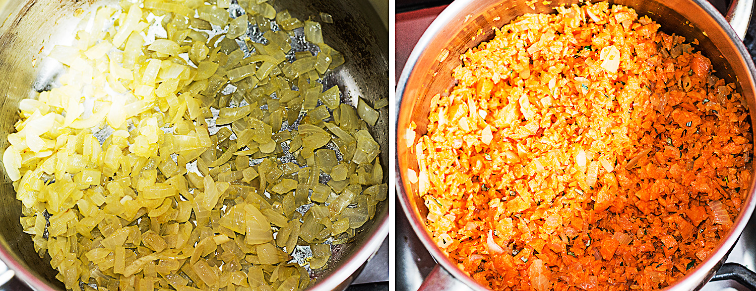 Left: Fry the onion. Right: Add the chopped carrots to the onion