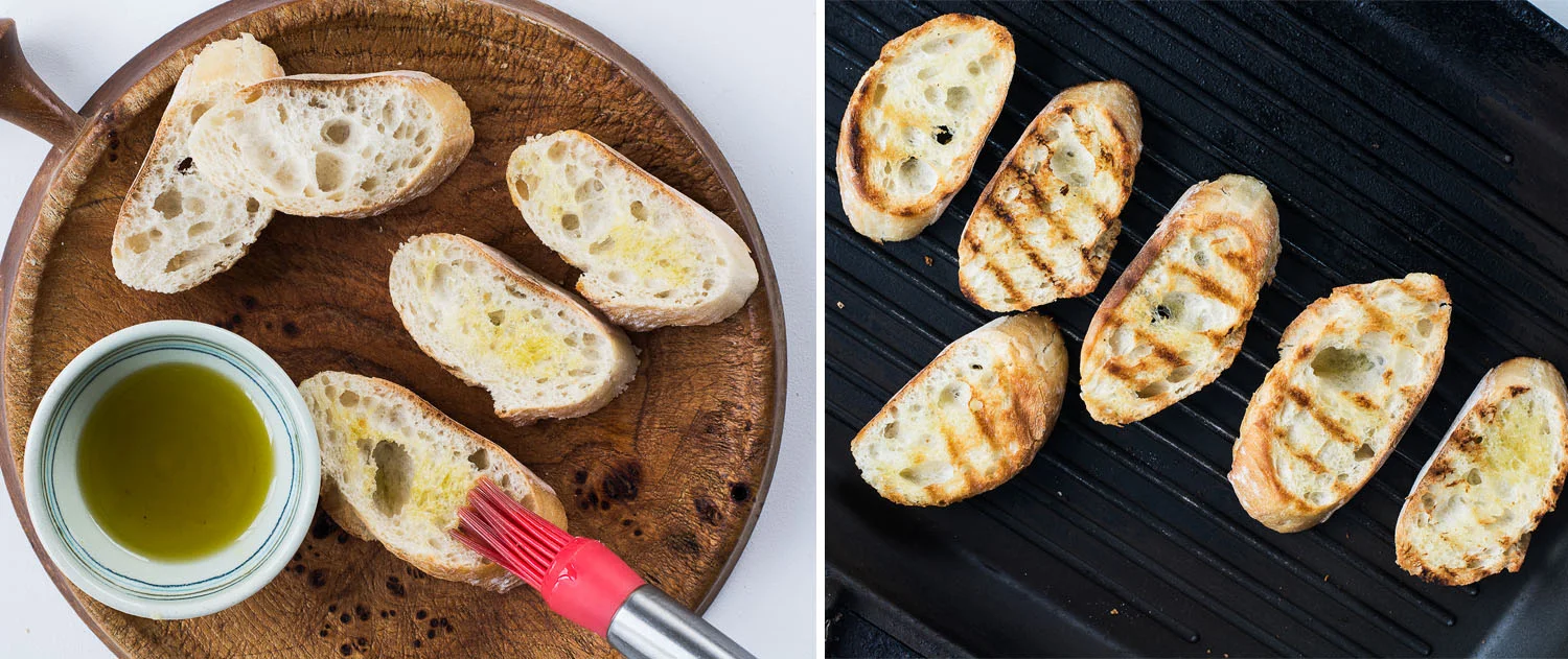 Left: Brush the bread slices with olve oil. Right: Crisped up bread on grill pan
